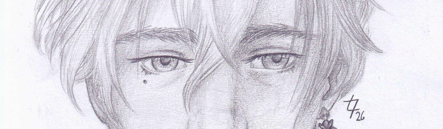 graphite pencil sketch of lohen smirking and vaguely looking off to the side