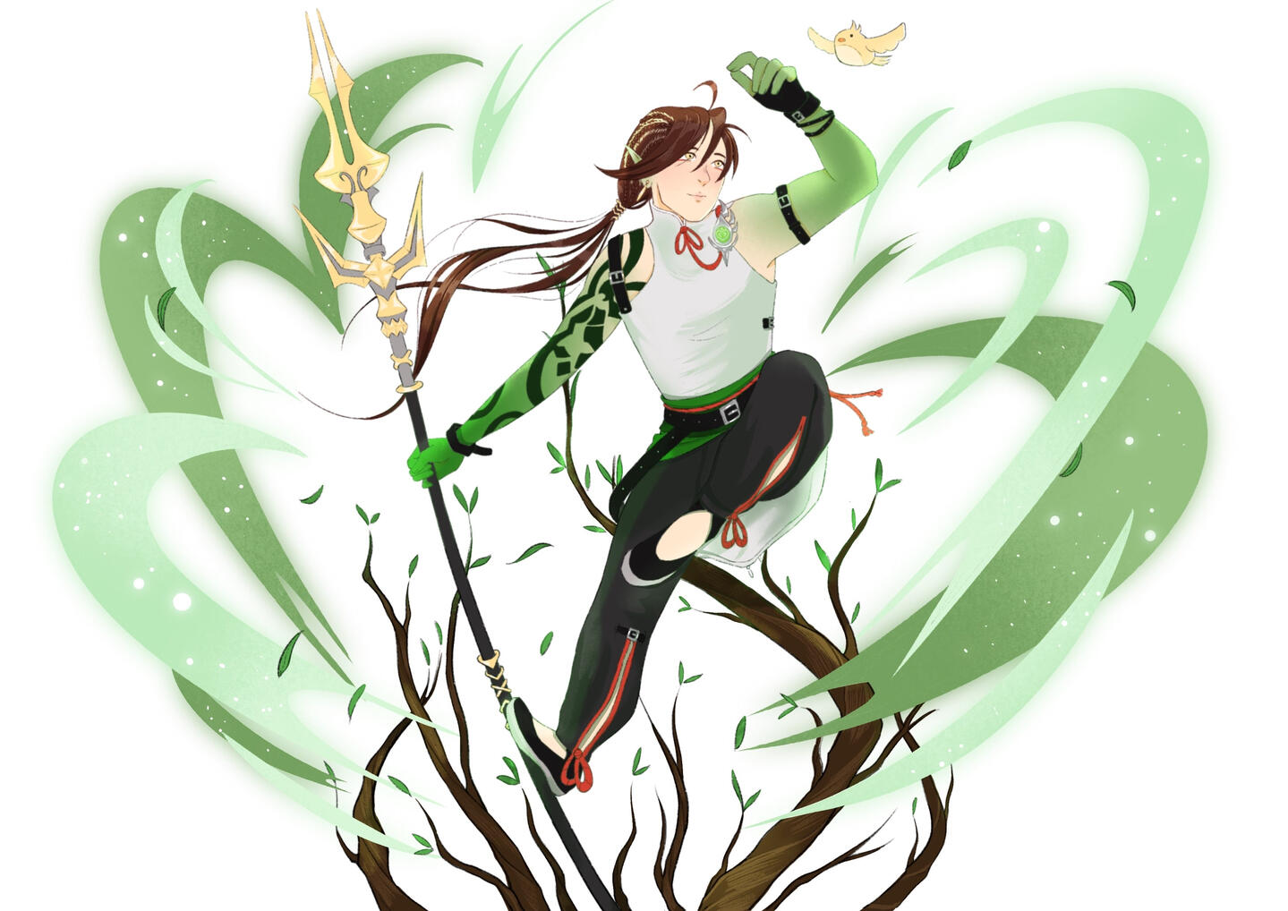 Zenith a sentient tree sprite in humanoid form with long hair in a lose tie and a polearm, mid jump