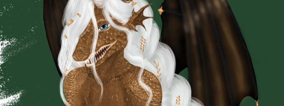 Zsekhartan Lykantheos "Tan" as a baby digital drawing of a young copper dragon cursed into progressively more humanoid form.